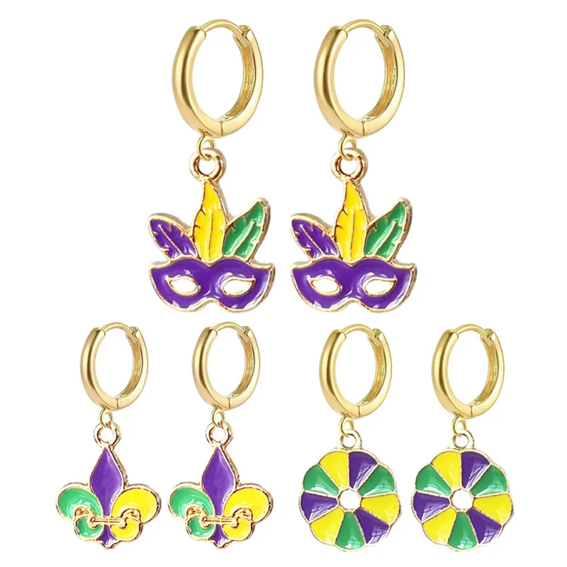 Mini Carnival Ball Mask Metal Pendant Earrings with Festive Atmosphere Jewelry Decoration Purple Green Gold Theme Earrings