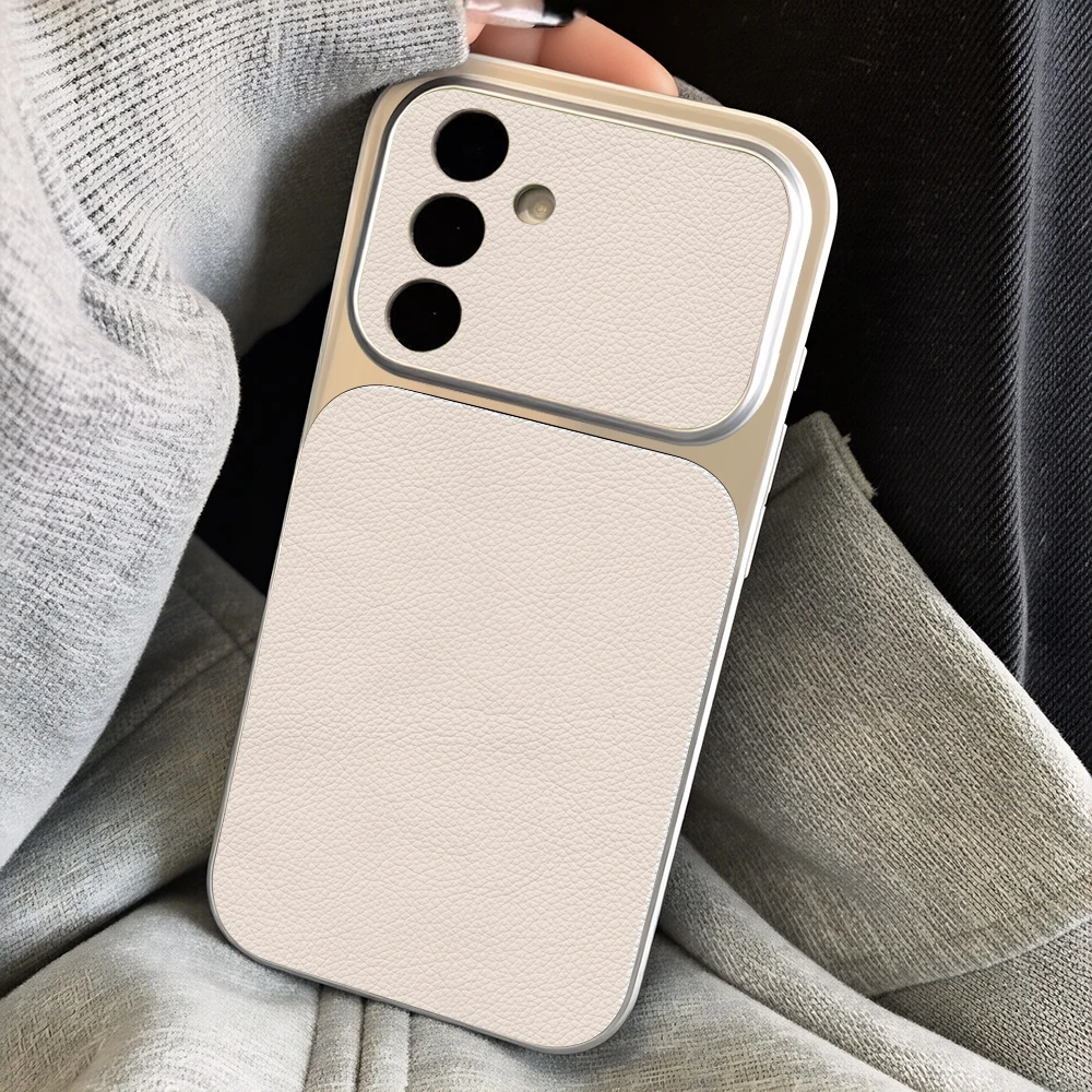 Simple White Leather Texture Large Window Phone Case For Samsung S25 Ultra S26 Plus S24 S23 FE A57 A37 A27 A17 A07 A56 A26 Cover