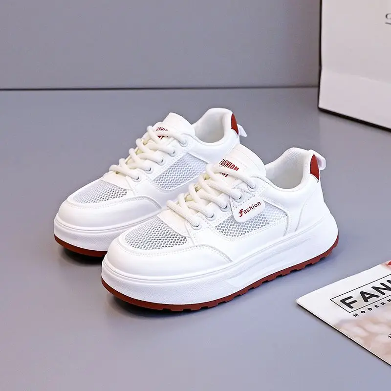 2026 Summer Women Breathable Mesh Versatile White Sneakers Thick Sole Sport Casual Insta Chic Slim Upper Skate Shoes