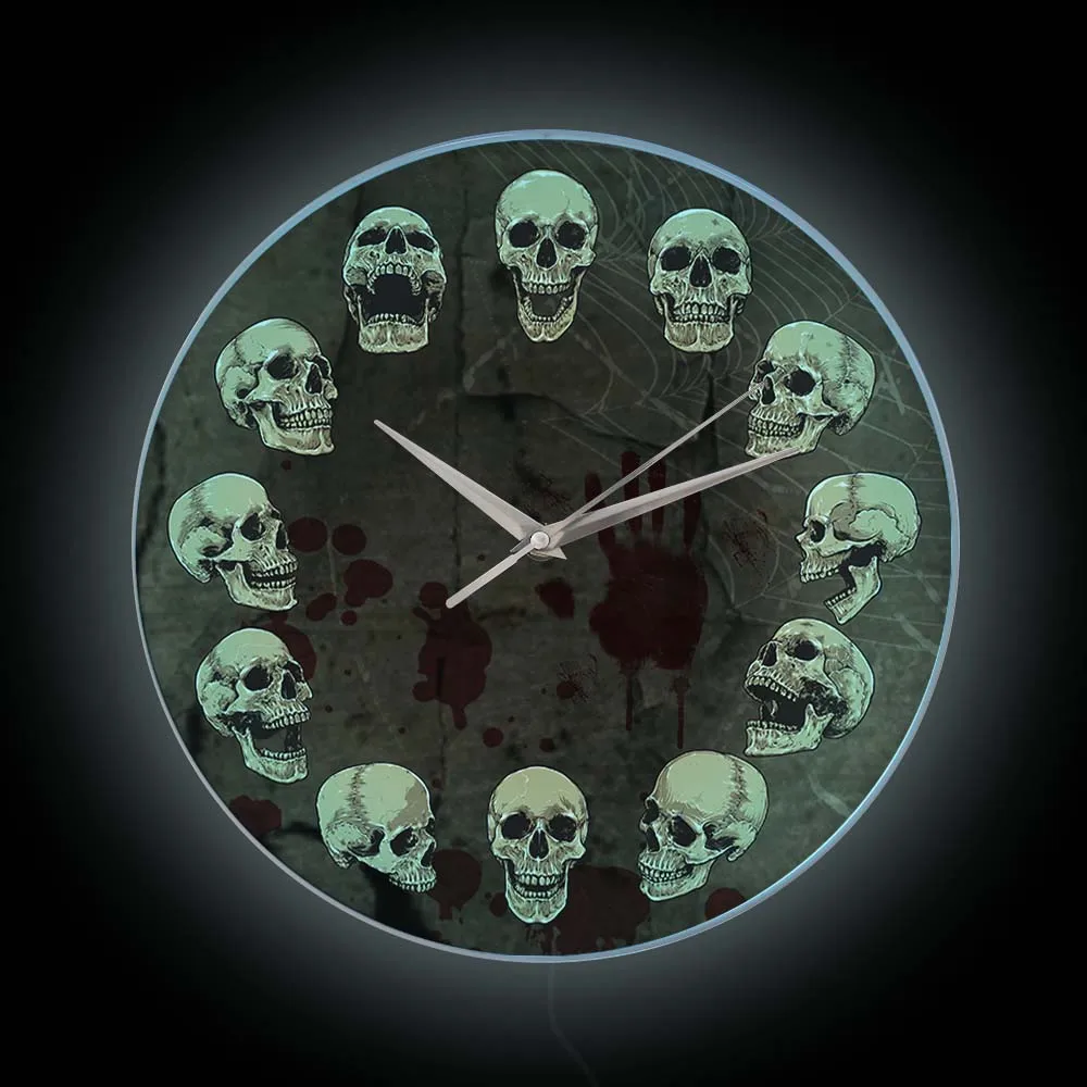 Gothic Skeleton Heads Modern Design Printed Wall Clock With LED Backlight Halloween Skull Home Decor Glowing Night Light Clock