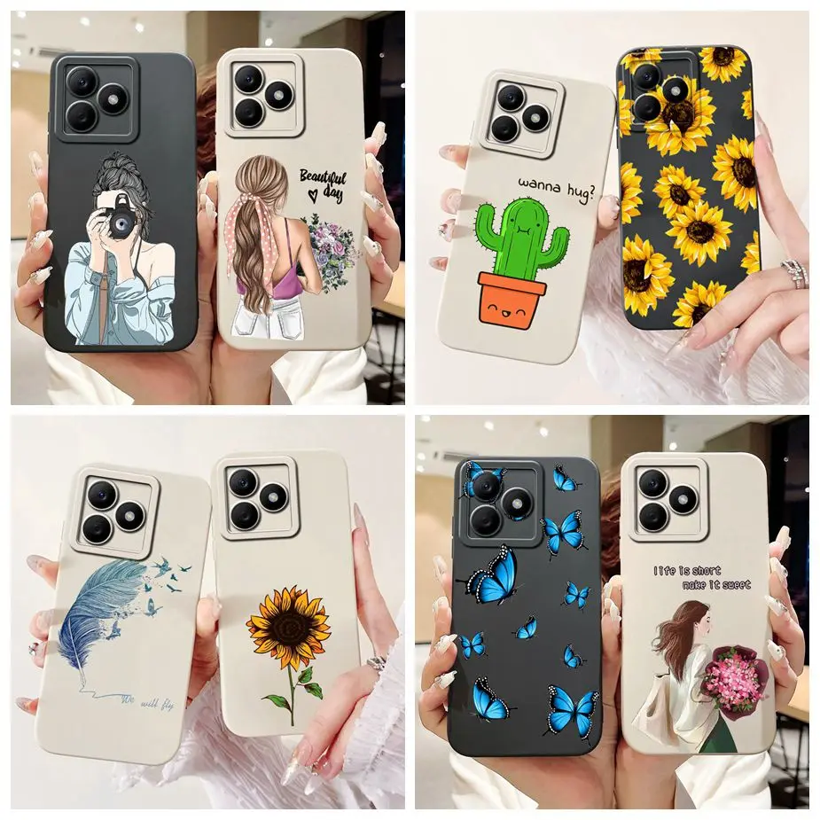 For Realme C61 Case RMX3939 Pretty Girl Sunflower Painted Cover Soft TPU Phone Case For Realme C63 C 61 RealmeC61 RealmeC63 Bags