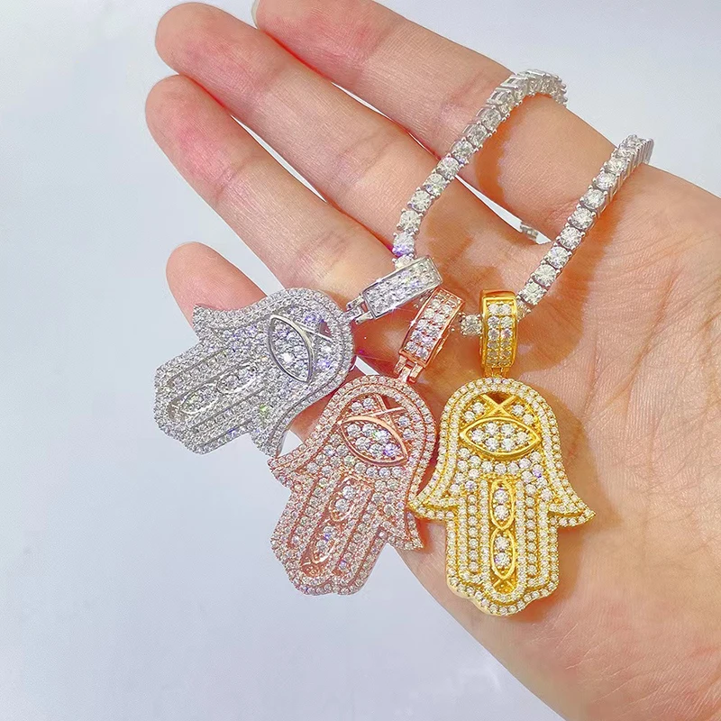 Iced Moissanite Hand Fatima Pendant Women Men 925 Sterling Silver Hamsa Fatima Pendant Ins Hiphop Handmade Jewelry Collares Gift