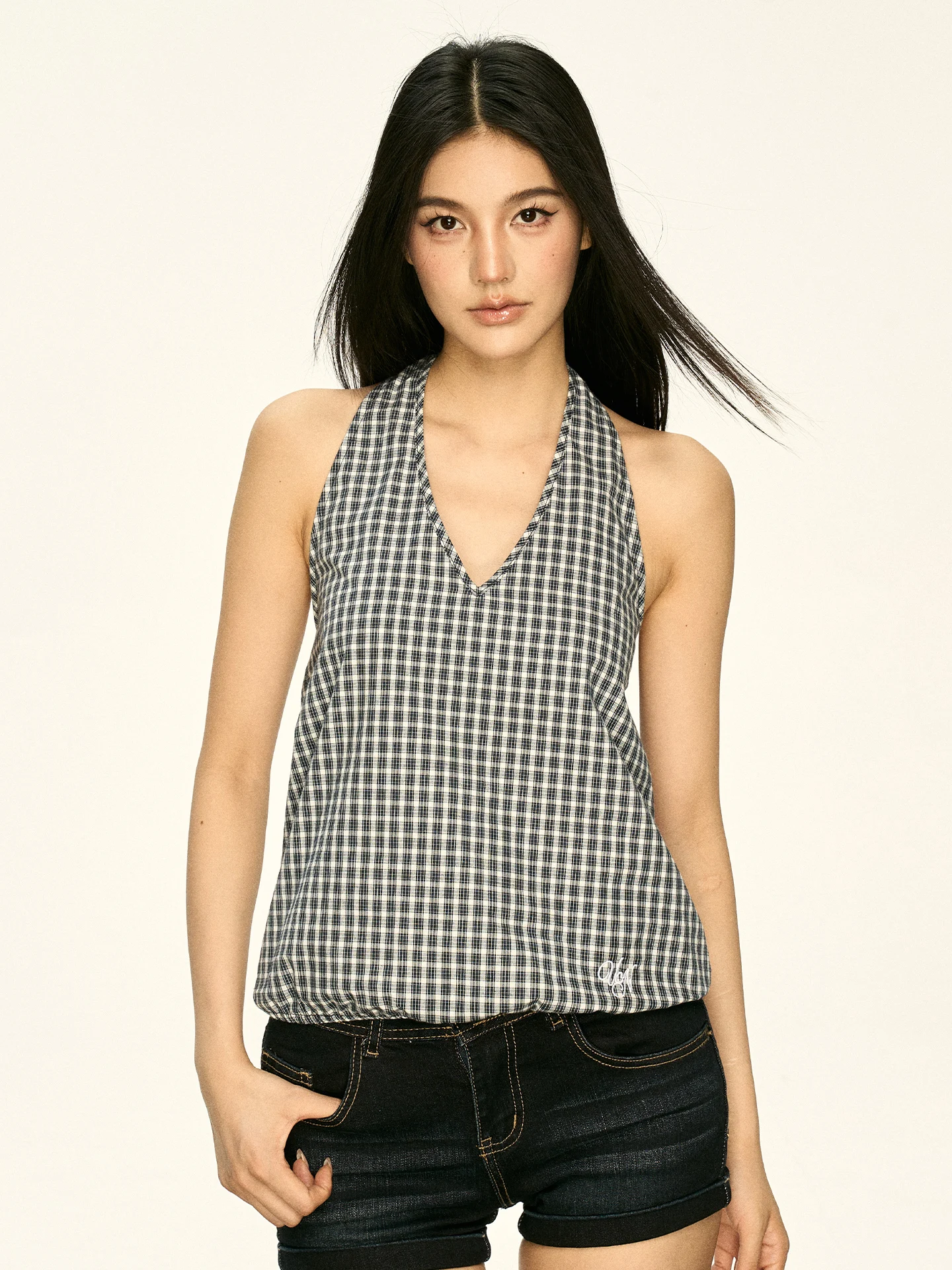 Aaisup American Style Women's Vest Sexy Backless Sleeveless V-Neck Plaid Hanging Neck Strap Top Summer Hot Girl Outwear