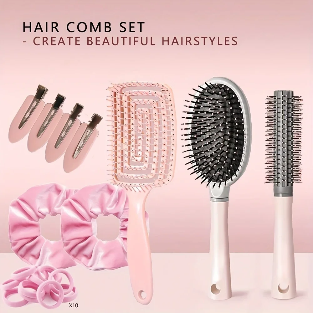 19 Piece Hair Styling Comb And Hairband Set In Pink Color, Including 1 Air Cushion Comb, 1 Rib Wide Toothed Hair Comb, 1 Roller