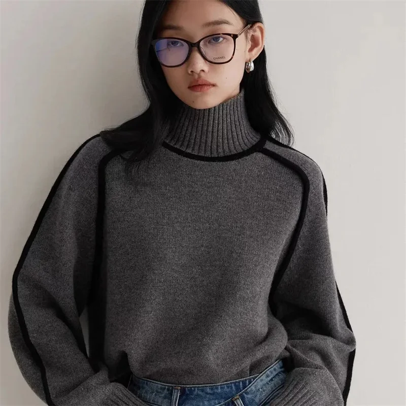 Three-dimensional Striped Slim Casual Loose Knit Top 2024 Autumn and Winter New Lazy Wind Turtle Neck Sweater Female