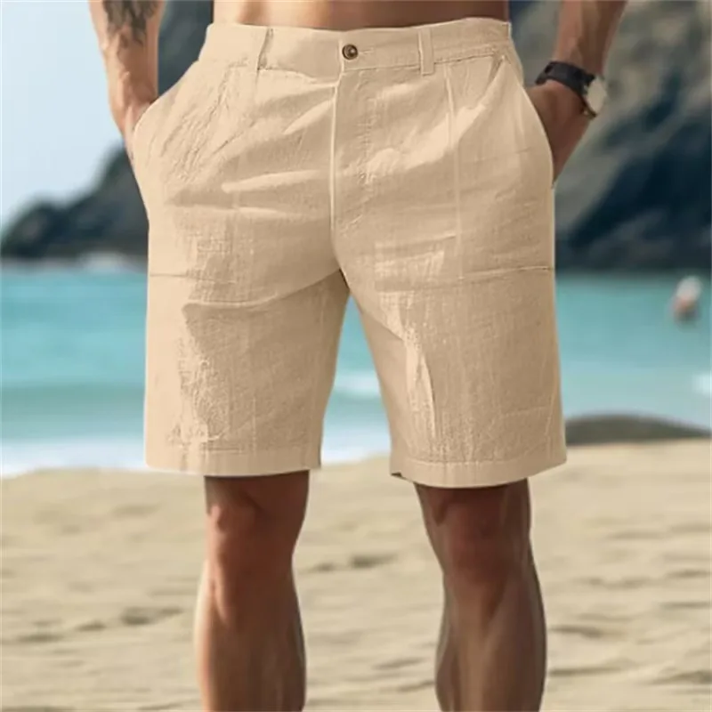 Plus Size Mens Vintage Stand Pocket Cotton Linen Shorts Male Casual Beach Short Pants Solid White Khaki Elastic Waist Shorts New