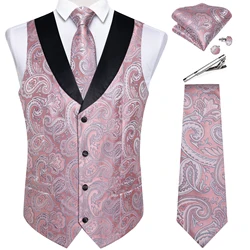 Pink Paisly Suit Vest Set 5 pezzi Tuxedo gilet e cravatta Pocket gemelli quadrati fermacravatte per matrimonio abbigliamento uomo Blazer Vest