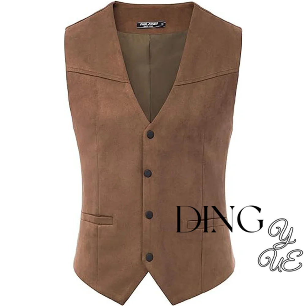 Men\'s suede leather suit vest casual western vest V-neck snap button placket sleeveless jacket