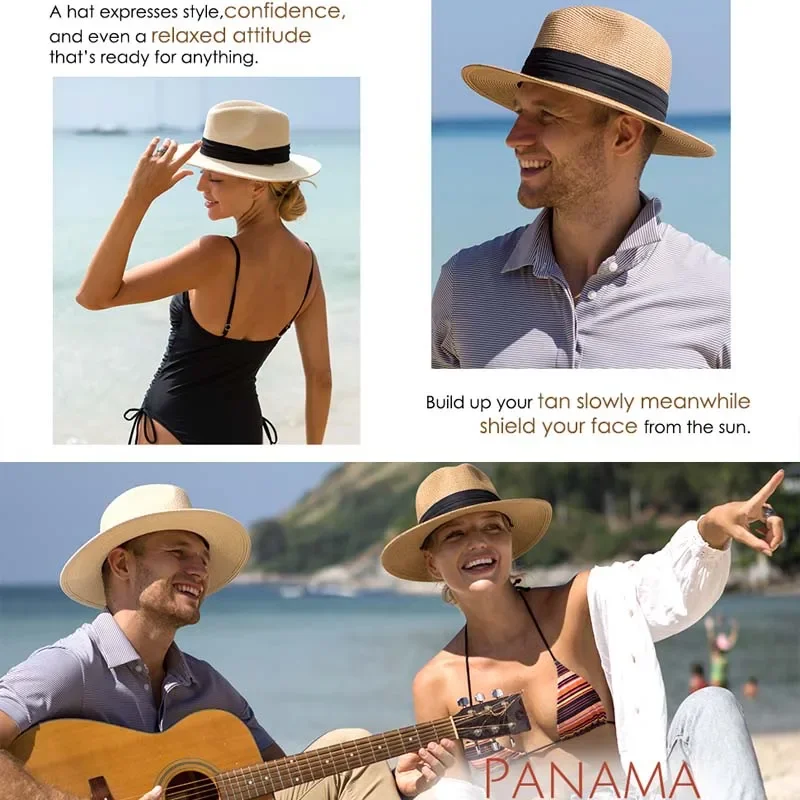 Summer Oversize 64cm Classic Sun Hats for Men Women Panama Hats Couple Wide Brim Beach Straw Cap Big Head Plus Size Fedora Hat