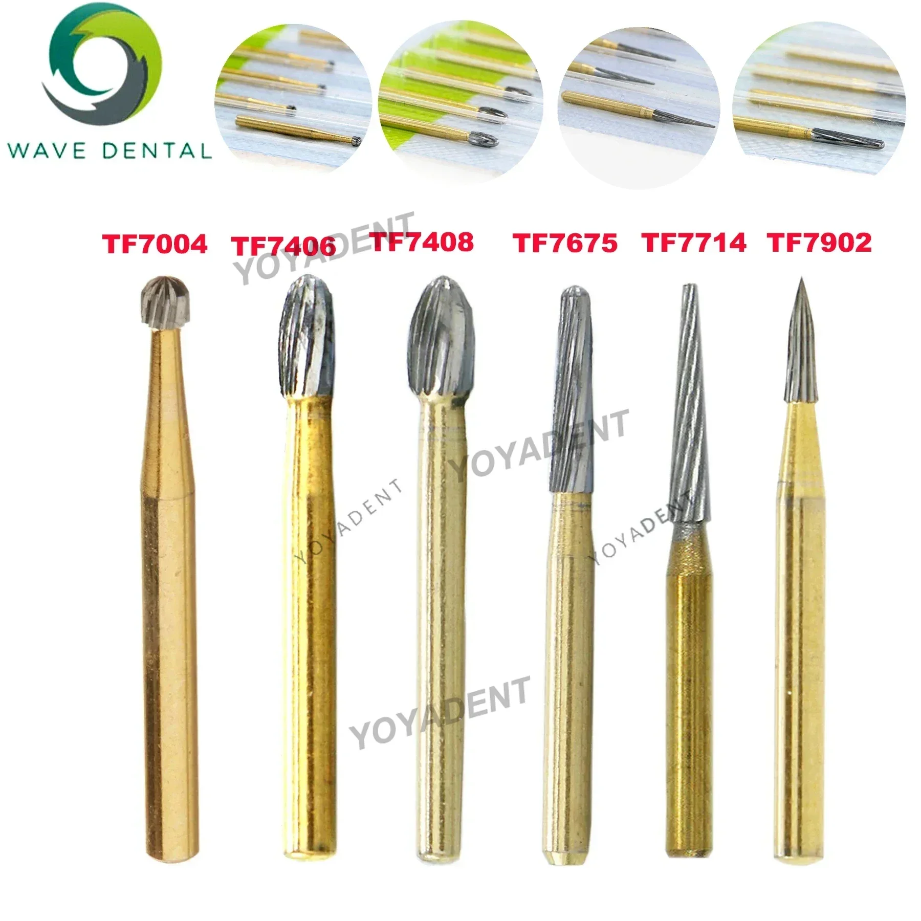 WAVE Dental Burs Tungsten Carbide Burs Gold Plated Trimming and Finishing 12 Bladed TF Series For High Speed Handpiece 5pcs/Pack