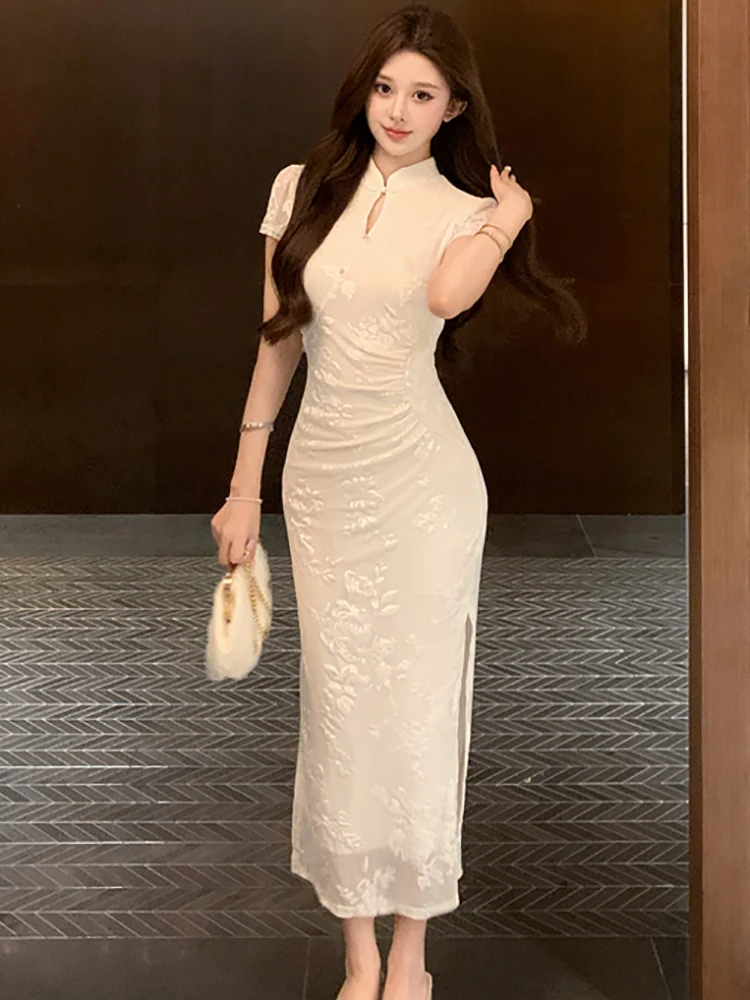 2025 nieuwe witte jacquard stand kraag lange jurk vrouwen elegante luxe party vestidos zomer koreaanse bodycon festival avondjurk