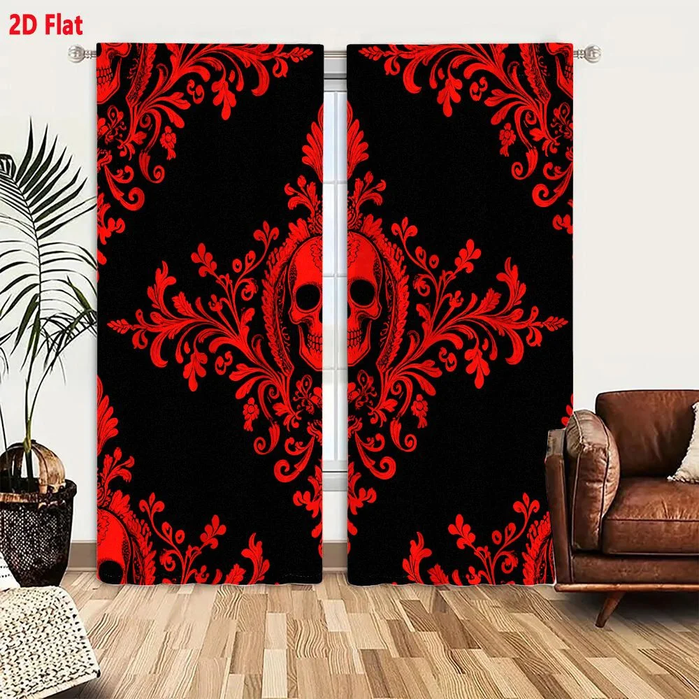 2Pcs Curtains 2D Flat Black Background Bright Red Repeating Pattern With Stylized Red Skull And Intricate Floral Foliate Designs