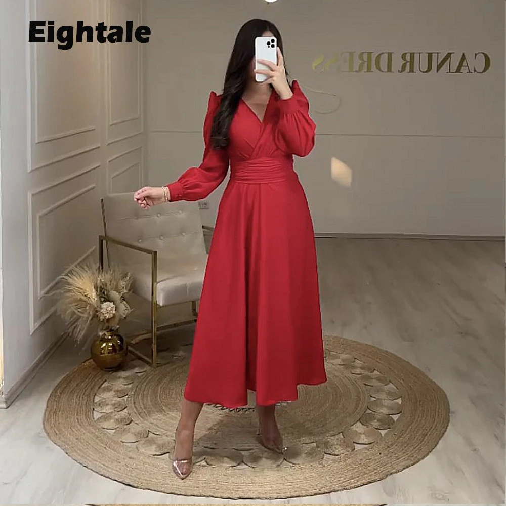 

Eightale Short Evening Dresses for Wedding Party Long Sleeves V-Neck Chiffon Arabic A-Line Dubai Celebrity Mid Length Prom Gowns