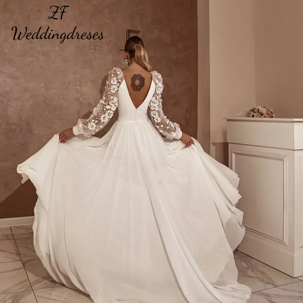 Personalizado a linha elegante vestido de casamento feminino mangas inchadas rendas com decote em v sem costas sexy fenda lateral vestido de noiva praia jardim novo