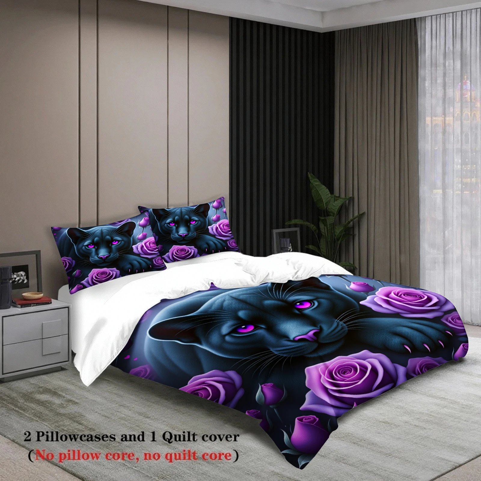 3pcs Panther And Purple Roses Bedding Sets 3D Printed Moisture Wicking Duvet Cover Sets With Pillowcases No Filling