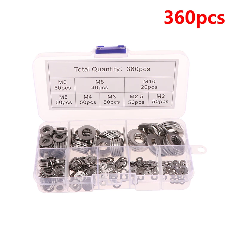 360Pcs Stainless Steel Washers Metal O Ring Fasteners Assortment Kit M2 M2.5 M3 M4 M5 M6 M8 M10 Hardware Metal Washers