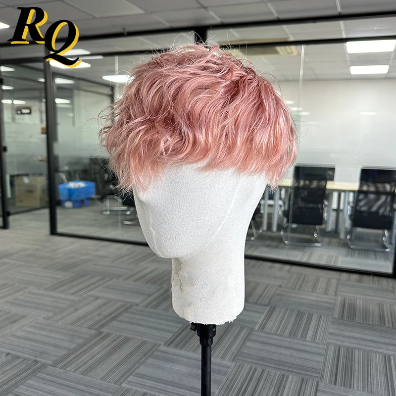 Pre Style Color Full Lace Base Toupee Pink Color Style Fashion Real Human Hair Male Wig Replacement Toupee Hair Prosthesis