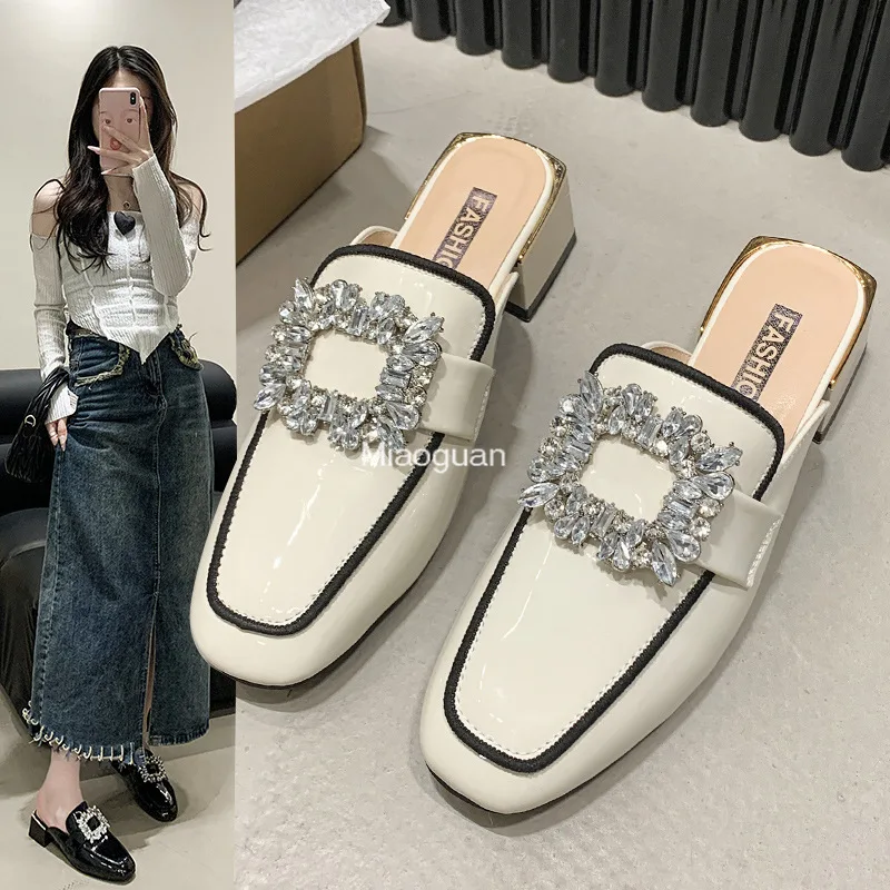 Slippers for Female Summer Comfortable 2024 New Fashion designer rhinestones Baotou Semi-slippers Square Toe High Heel Slippers