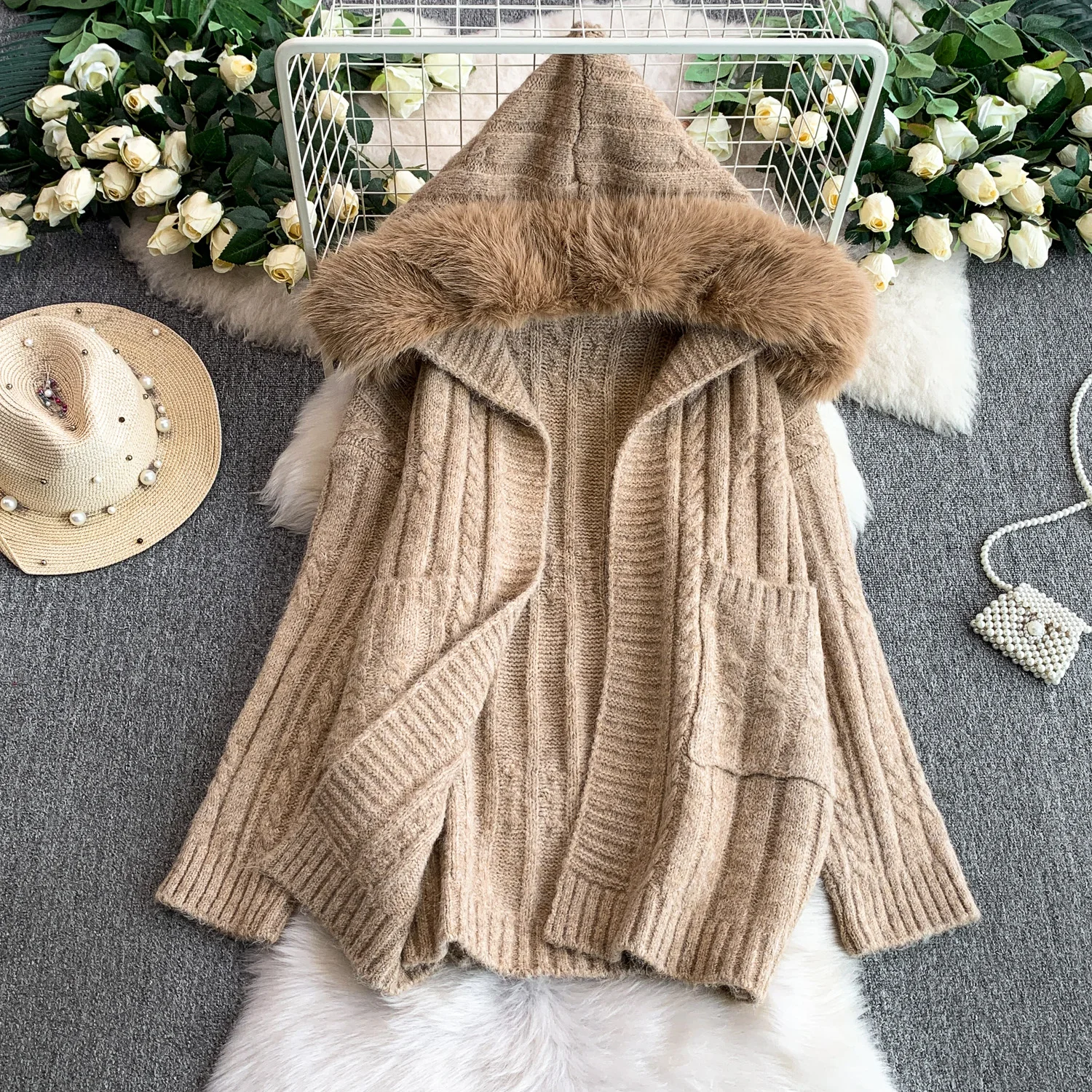 

Women Winter Thick Hooded Coat Sweater Jackets Lady Twist Knit Pockets Faux Fur Cardigan Open Stitch Luxury Thick Festival Tops