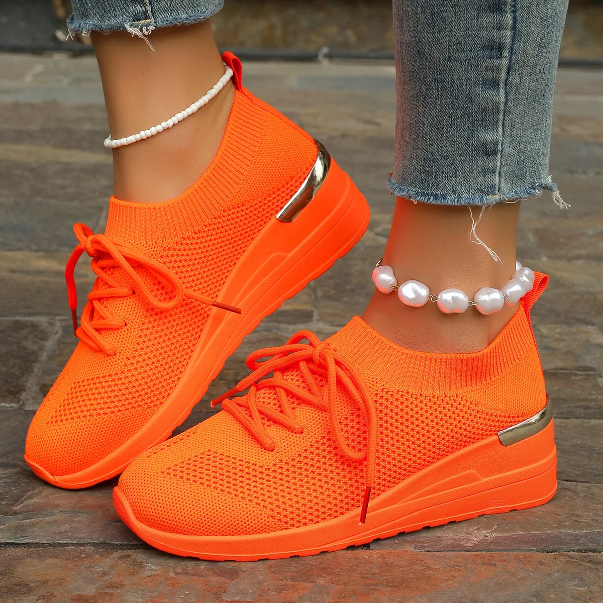 

Spring Orange Casual Shoes Breathable Lightweight Wedge Sneakers Women 2025 Woman Slip On Comfortable Outdoors Mesh Sports Shoes