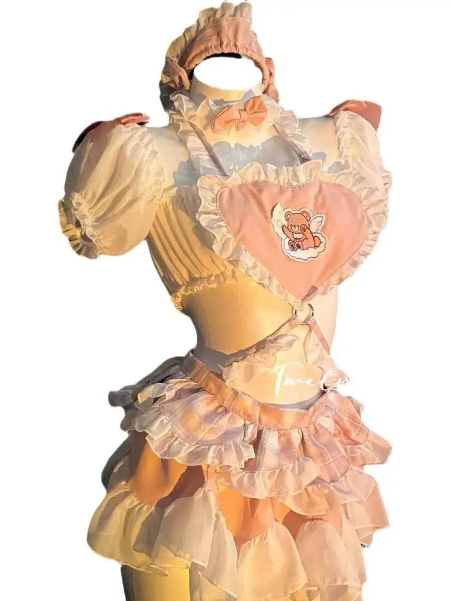 Vestido de princesa bonito de sirvienta rosa, disfraz de sirvienta Lolita, vestido de pastel para mujer, vestido con volantes de encaje con estampado de oso, encantador dulce puro deseo PEK5