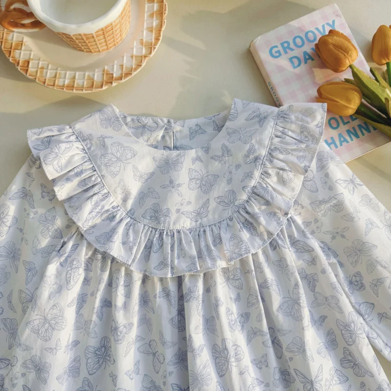 

Children's clothing ruffled round neck girls' dress2025Autumn Sweet Princess Dress Long Sleeve Children's Cotton Dress