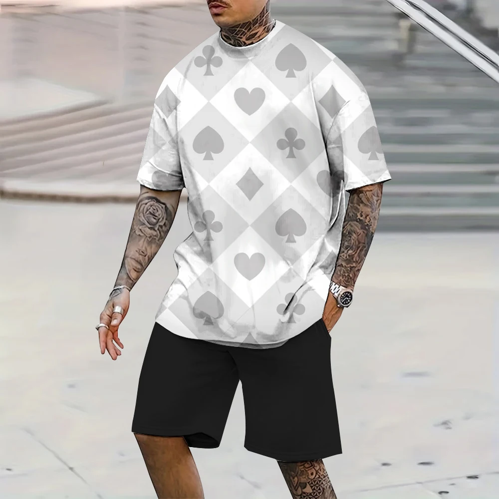 Fashion Men's Suit Sports Style Summer Casual Breathable Refreshing Short Sleeve Poker Printing Oversized Men's Suit Y2K Style