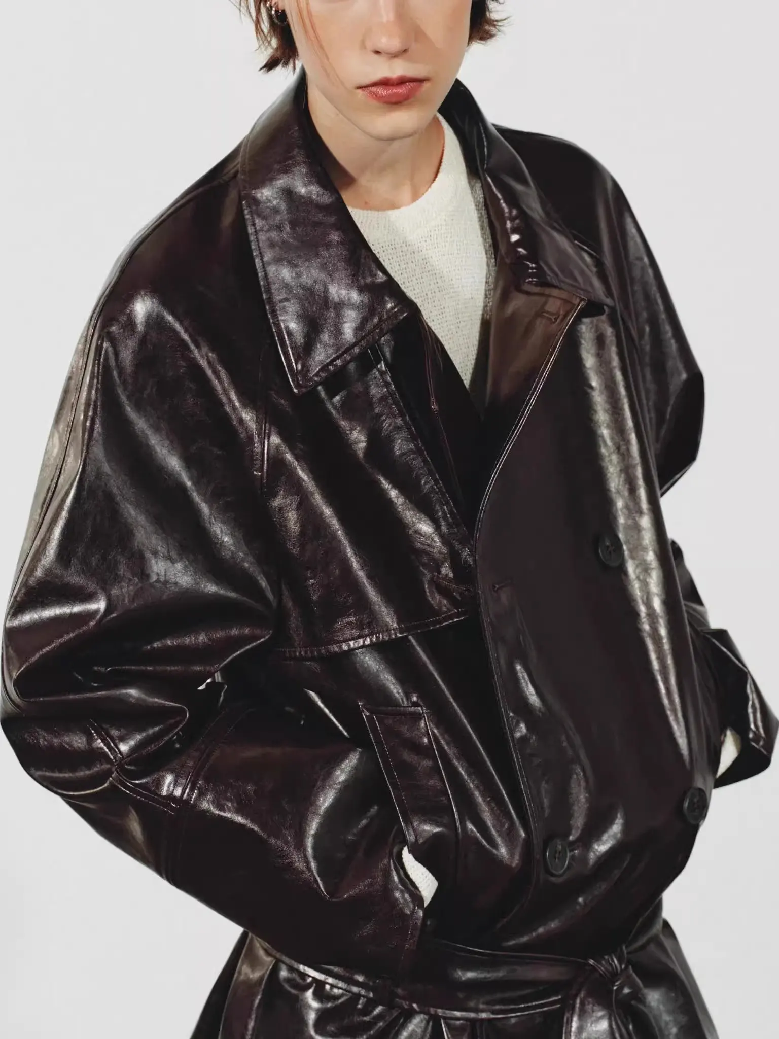 معطف نسائي لخريف 2025 مصنوع من جلد البولي يوريثان معطف Jaet طويل Sve بياقة مقلوبة وصل حديثًا ملابس خارجية فضفاضة للسيدات #5