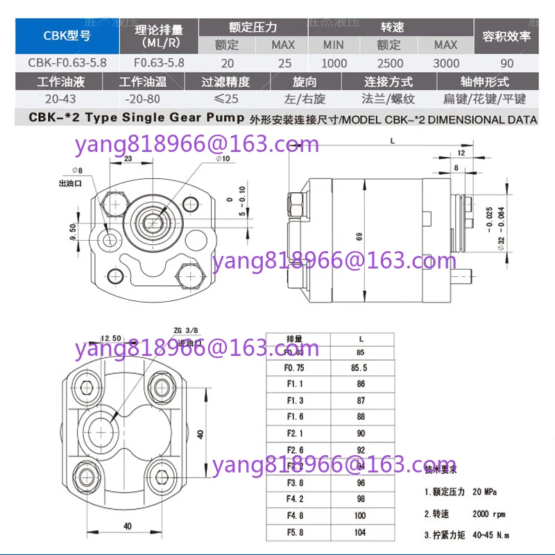 CBK Series Hydraulic Pump CBK-F0.8 F1.6 F2.1 F2.6 F3.2 F3.7 F4.2 F5.8 F6 F8 Mini Gear Pump High Pressure:20Mpa