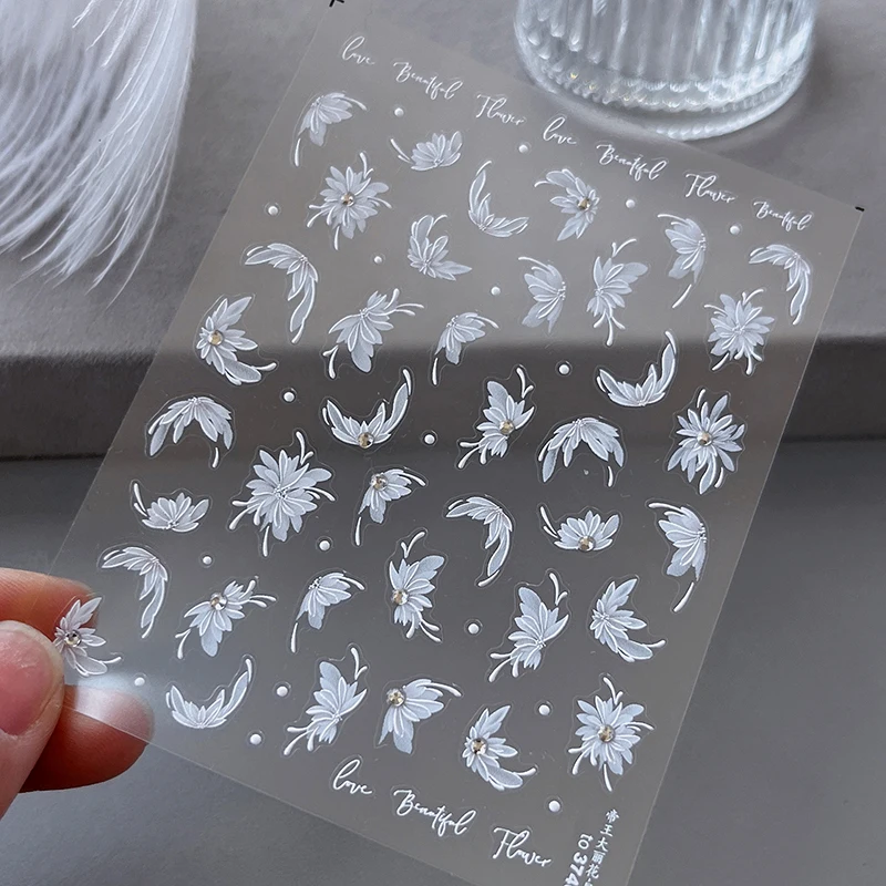 5D Acrylic White Flower Nail Art Stickers Spring Embossed Butterfly Lace Floral Nail Slider Decals Design Simple Manicure Decor