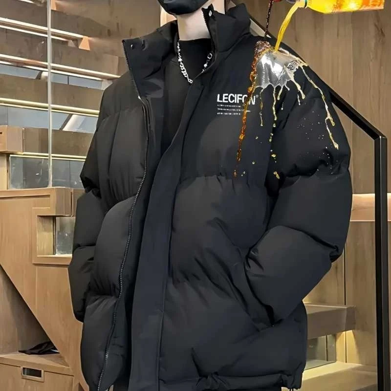 ​Asian Streetwear Cotton Coat 2025​  Oversized Loose Print Jacket for Men No Hood Design with Warm Fleece Lining