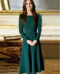 Kate Middleton Princess Solid Green Dress Fashion Square Collar Long Sleeve Work Dresses 22803
