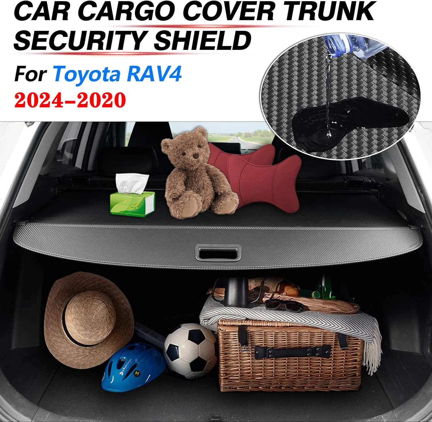 Cargo Cover for Toyota RAV4 2024-2020, Retractable Rear Trunk Security Cover Shielding Shade Black Carbon Fiber Texture