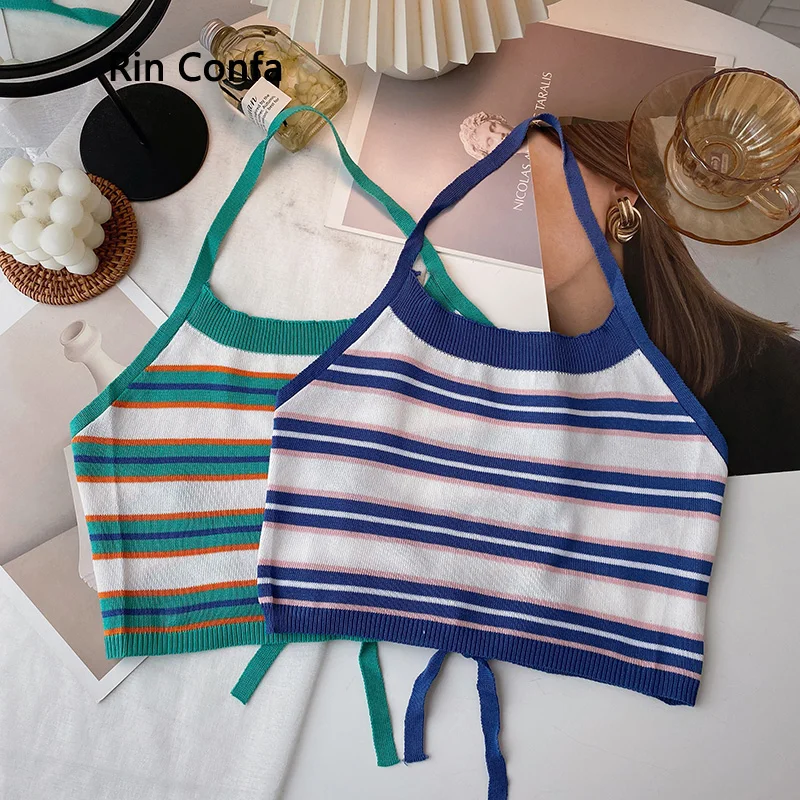 

Rin Confa Women Rainbow Stripe Short Crop Top New Style Reveal/Show One's Back Retro Top Women Frenulum Halter Vest Summer