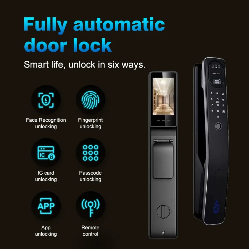 TUYA App 3D face lock with many languages fingerprint  smart door wifi remote photo capture unlocking with App key  RFID Card