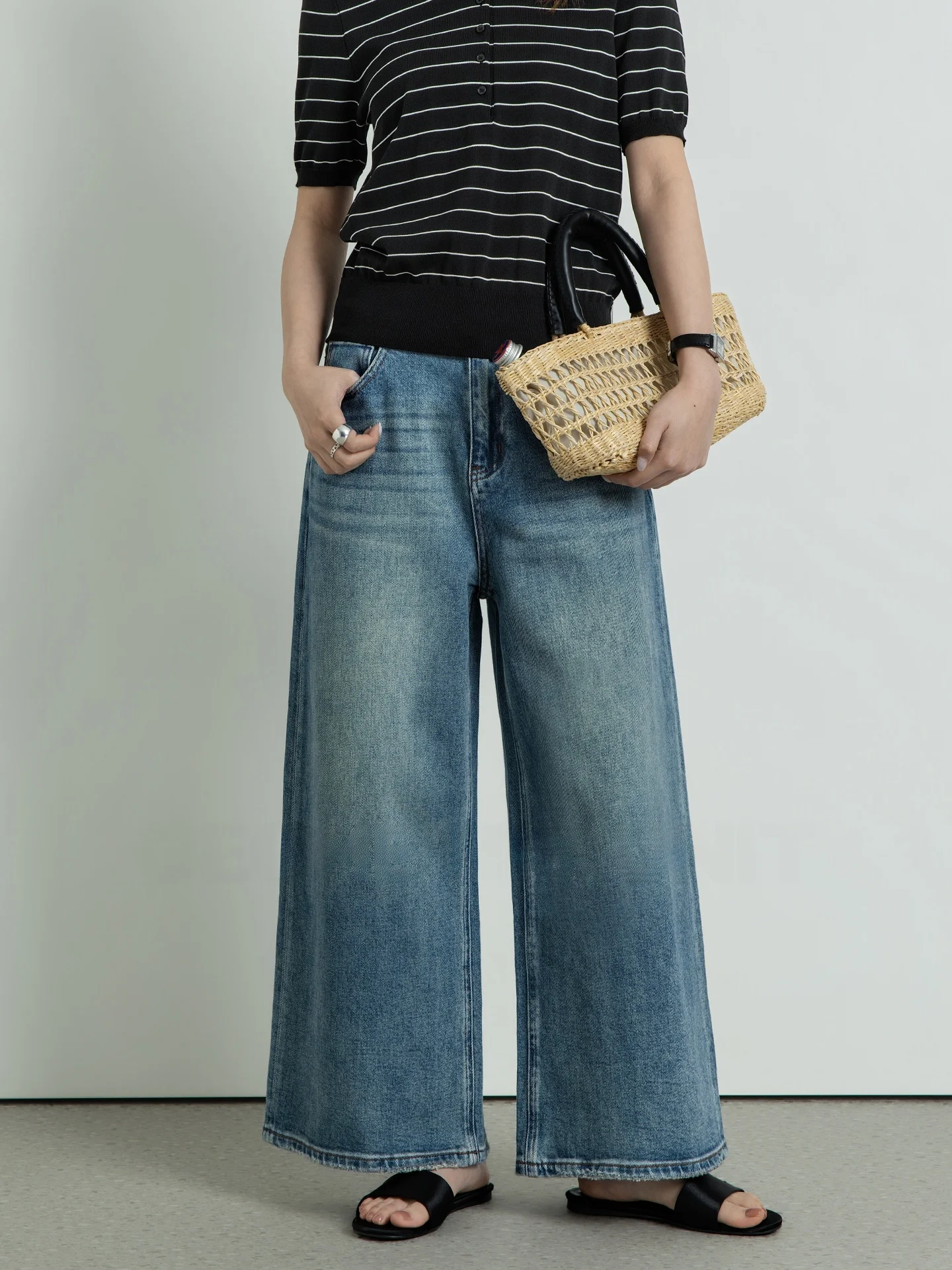 

Washed Denim Wide Leg Jeans Women's Spring Summer Versatile Nine Point Pants Geometric Unit High Waist Cotton Blend Zipper Fly