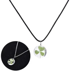 Real Green Lucky Shamrock Four Leaf Clover Round Pendant Necklace Friends Gift,