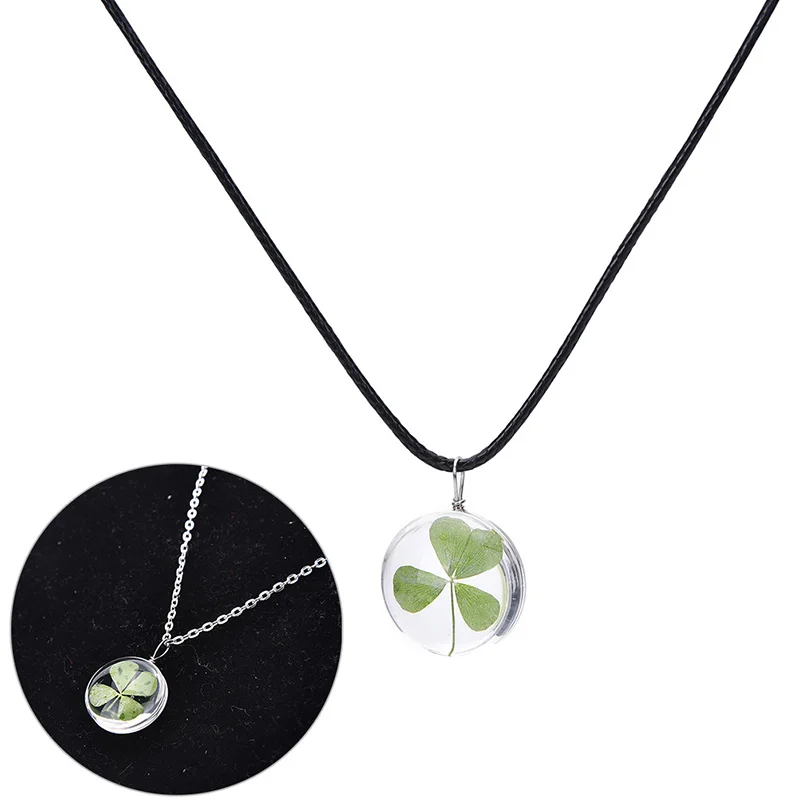 Real Green Lucky Shamrock Four Leaf Clover Round Pendant Necklace Friends Gift,