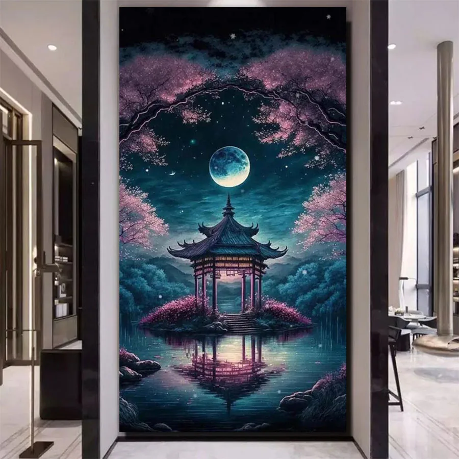 Diy Large Size Diamond Painting 2023 New Cherry Blossom Tree Full Drill Mosaic Embroidery Fuji Mountain Pavilion Scenery AA4526