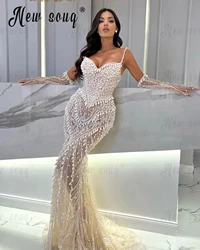 Illusion Long Mermaid Party Dress Luxury Cocktail Dresses Spaghetti Straps Engagement Dress With Sleeve for Women Customize