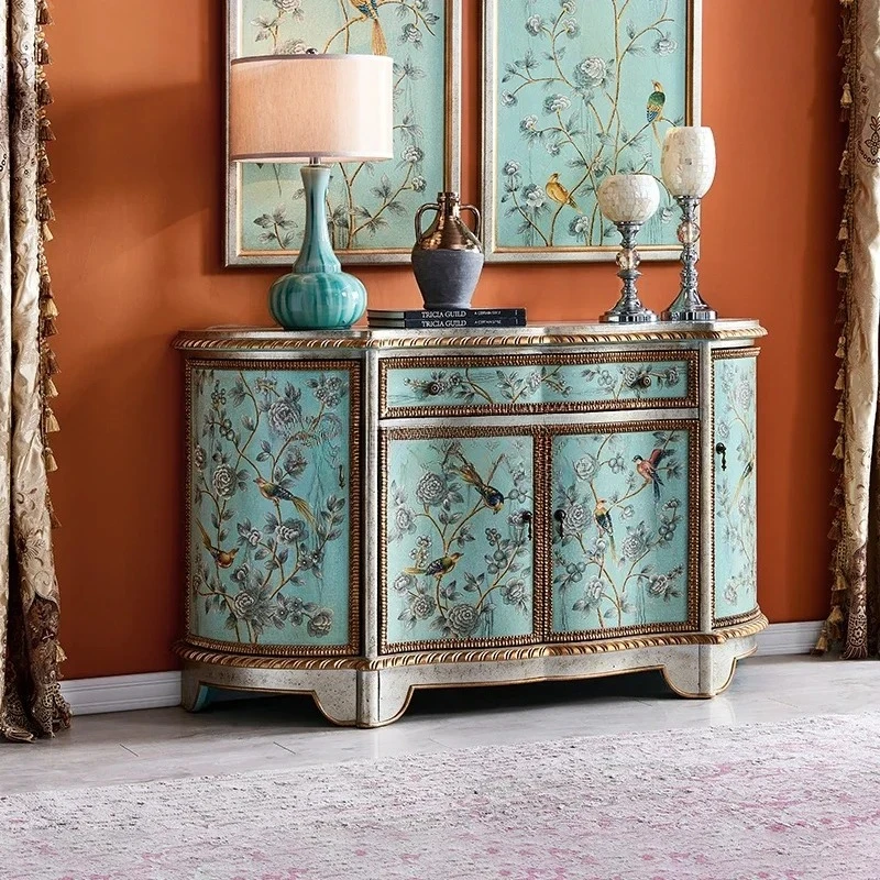 B33 American painted entrance cabinet, side cabinet, pure hand-painted storage semi-circular decorative cabinet