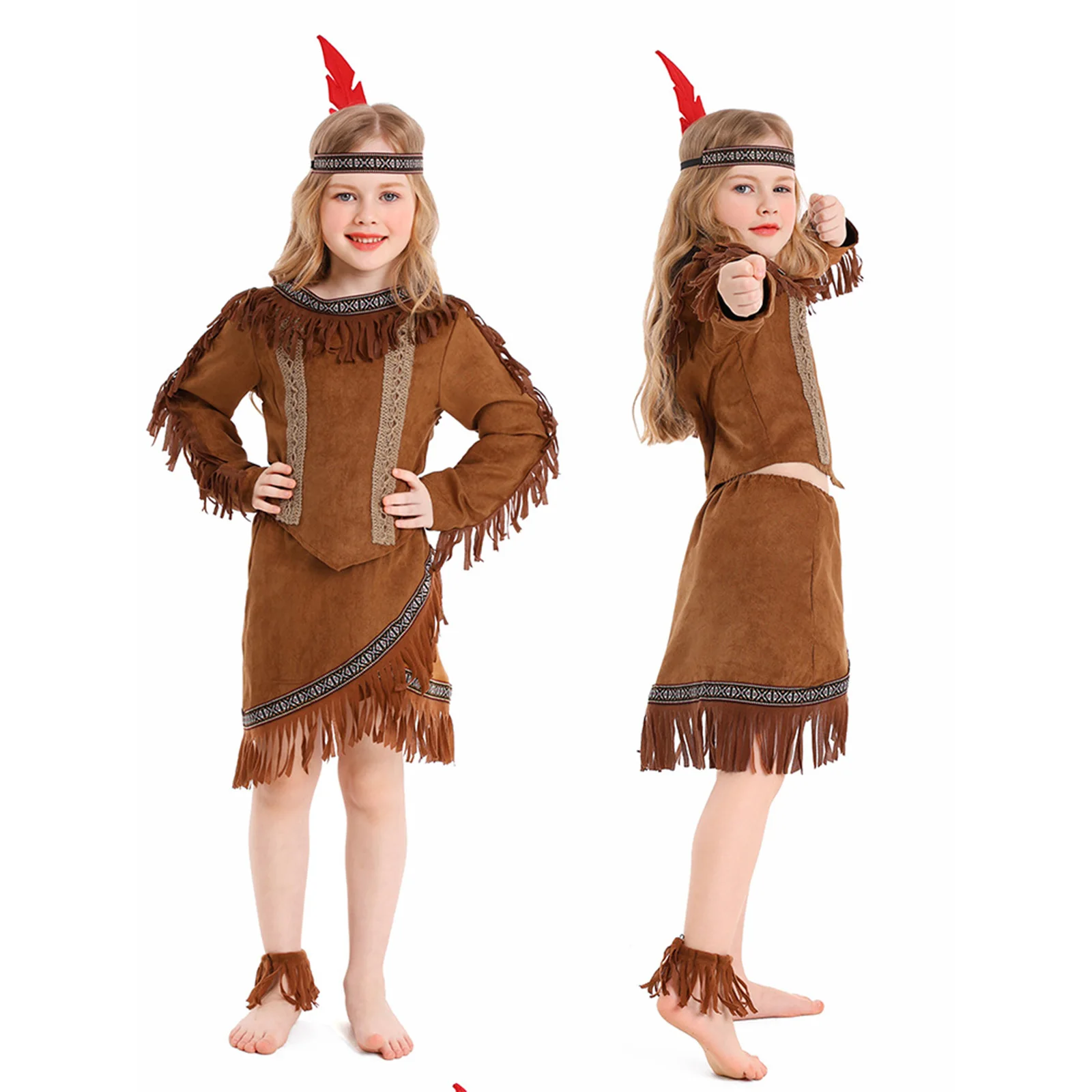 Anime Children Dress Khaki Brown Indian Cosplay Gentilitial Chief Costumes Stage Performance Outfits Zipper Top Skirt Headgear