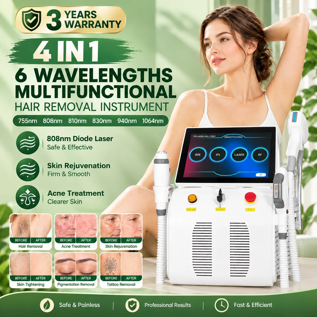 4 In 1  Newest Diode Laser Pico 808 Carbon Peeling RF Ipl Nd Yag Picosecond  Opt Hair Removal Tattoo Removal Machine