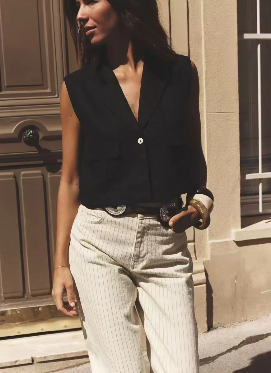 YY0362 ZA25 Summer New Women's Fashion European and American Style Versatile Solid Color Button Suit Collar Vest 2373709