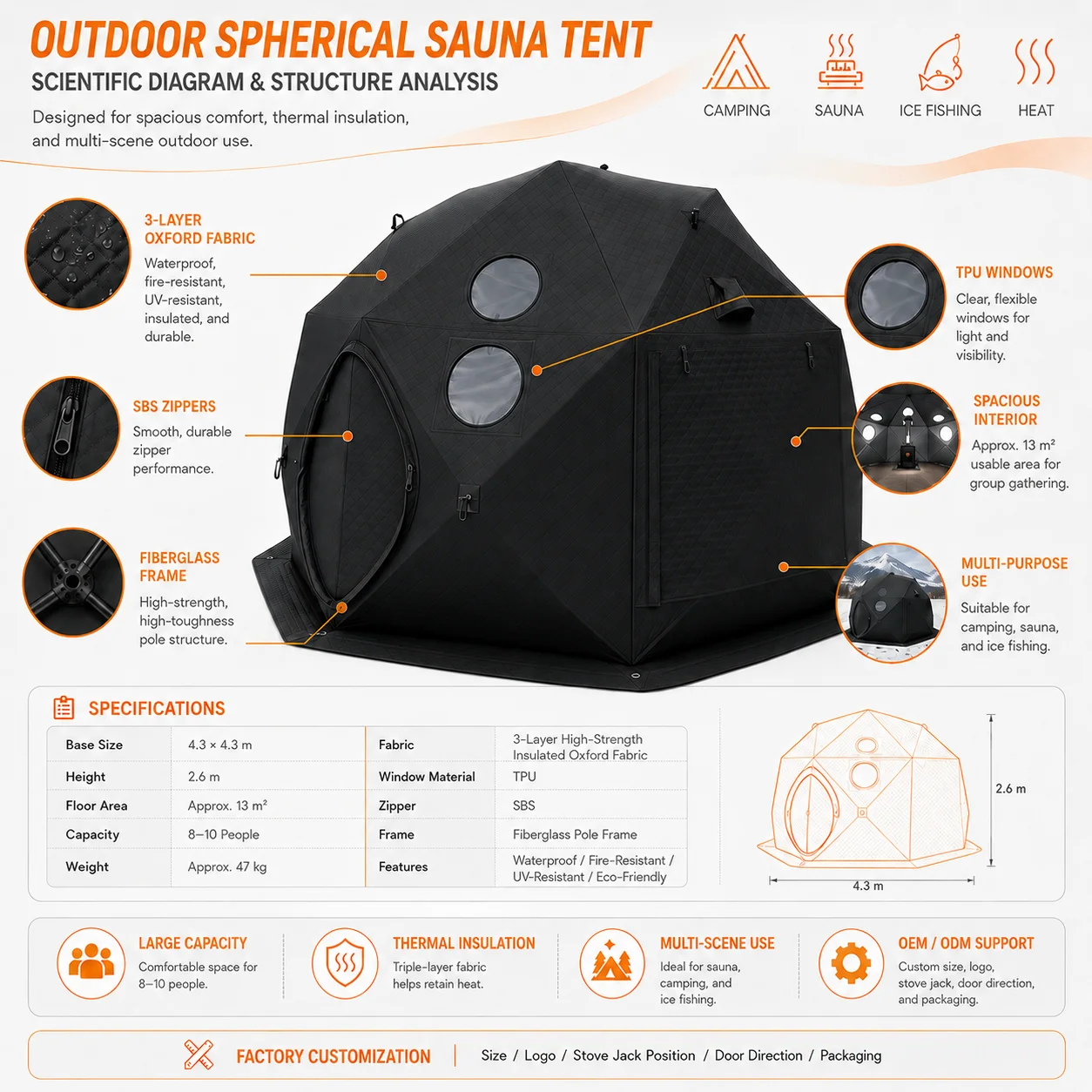 Outdoor 4-Season Dome Sauna Tent Ice Fishing Shelter Family Camping Large 4.3m 10 Person Triple Insulated
