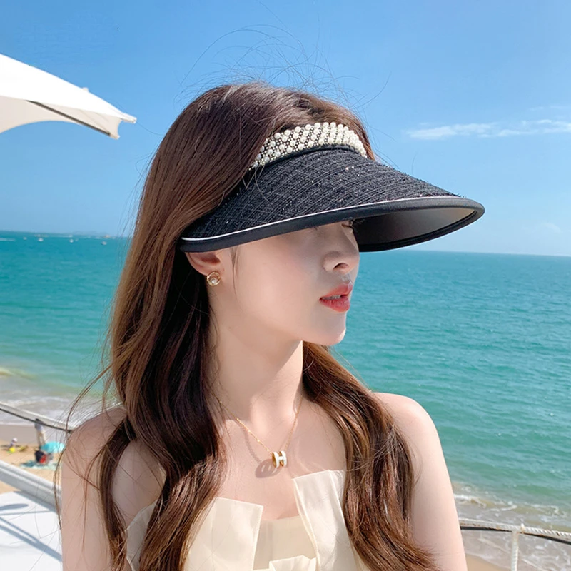 

Summer Large Brim Sun Hats for Women Korea Fashion Empty Top Cap Pearl Headband UV Protection Hat Female Visor Beach Accessories