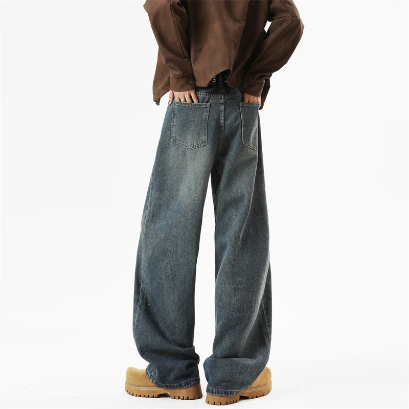 

Высококачественные джинсы, мужские широкие джинсы, мужские свободные прямые джинсовые брюки, осенние синие джинсовые брюки в стиле Харадзюку, уличная одежда 2025