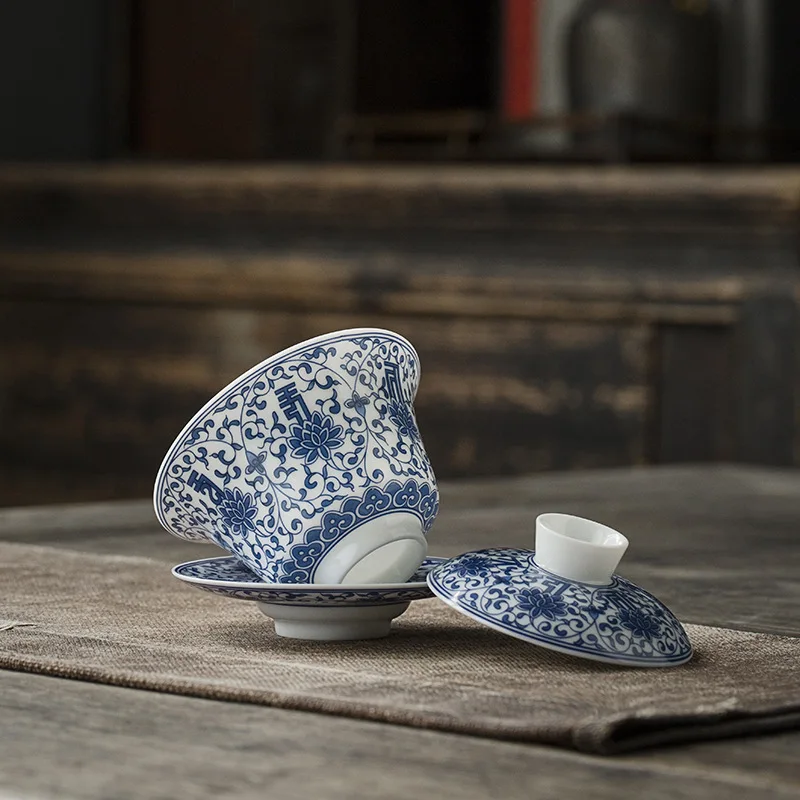 

Ceramic Whiteware Tea Set Blue Pattern Cover Bowl Sweet Ceramic Whiteware Full Color Three-Force Bowl Rock Tea Tea Bowl Gaiwan