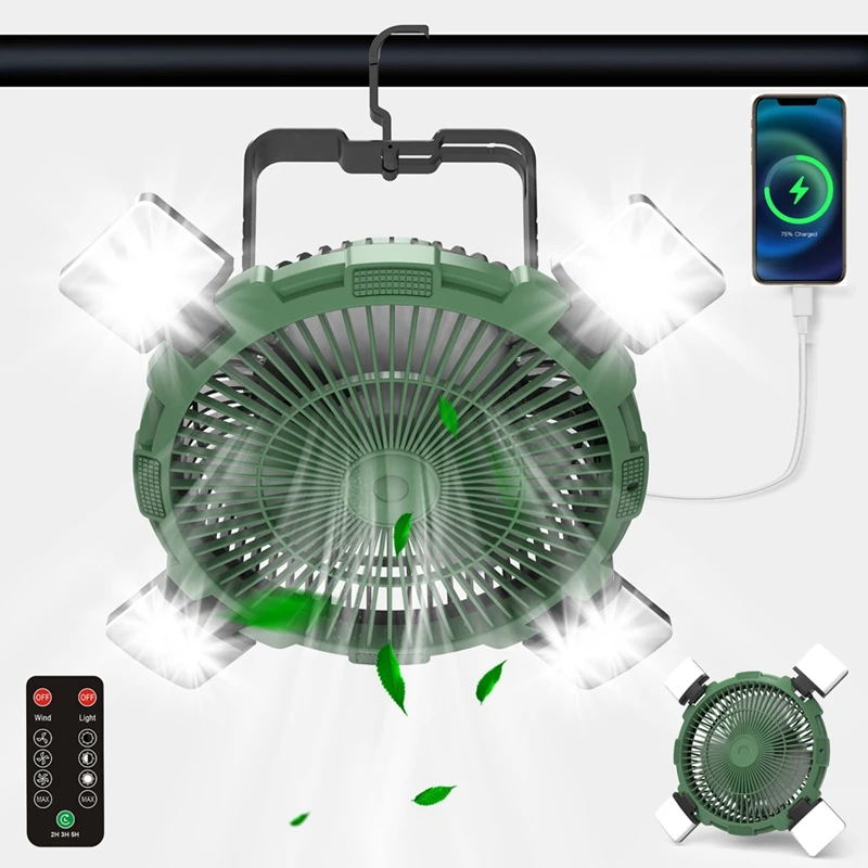 Ventilateur de Plafond Portable Sans Fil, Rechargeable, avec Lumière et Télécommande, pour Camping en Plein Air, 8000mAh