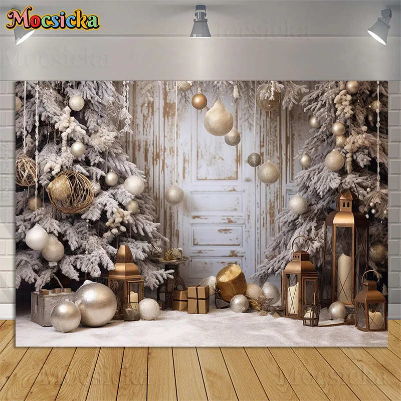 

Winter Christmas Tree Photography Background Snowy White Retro Wooden Door Xmas Ball Kids Family Portrait Backdrops Photo Studio